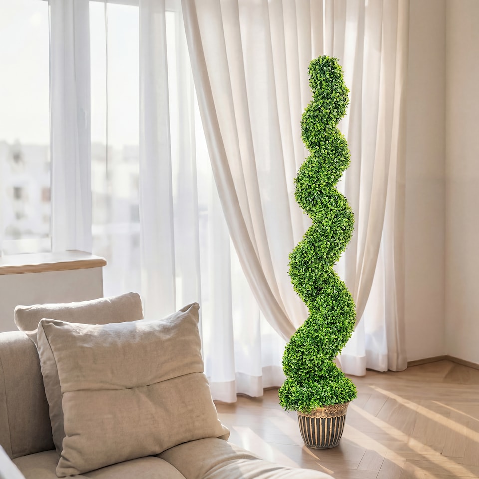 image 1 of HOMCOM Set of 2 Potted Artificial Plants, Topiary Spiral Boxwood Trees | Green | Boxwood Green | 5ft