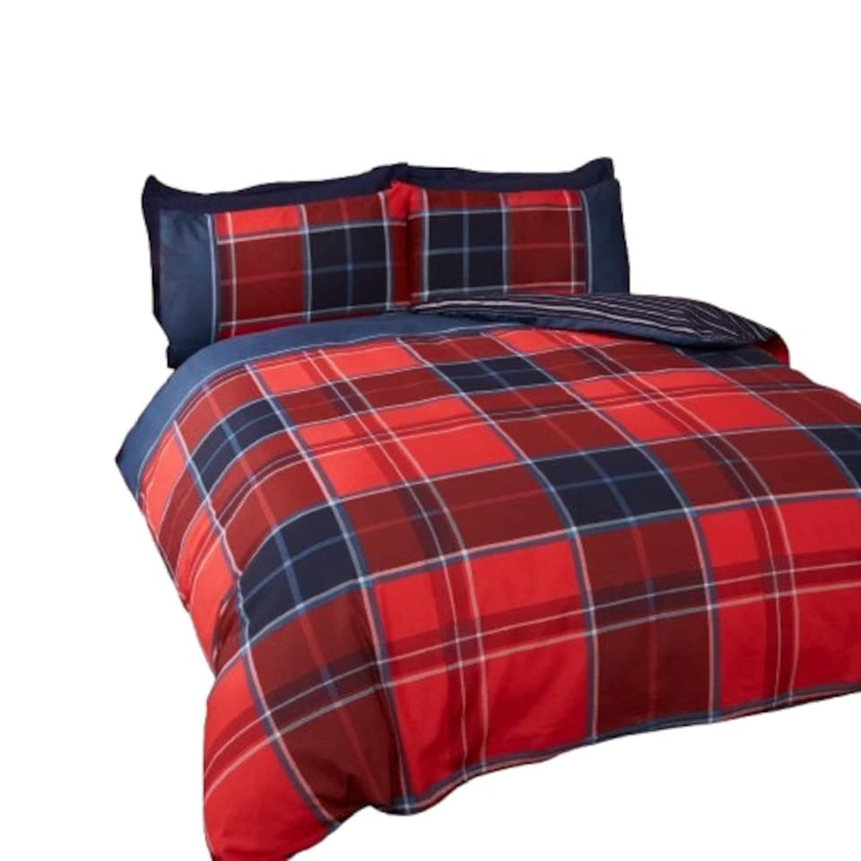 image 1 of Argyle Design Tartan Polyester Duvet Set With Pillowcase | Red | Double | 1