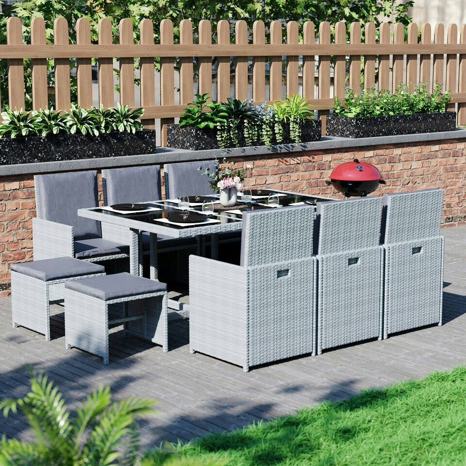 image 1 of Garden Vida Cuba 10 Seater Rattan Set Folding Chair Stool Dining Table Outdoor Garden Furniture, Grey