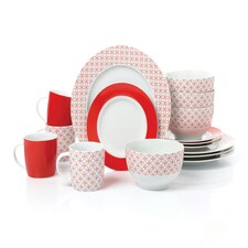 16pc Red & White Geo Dinner Set