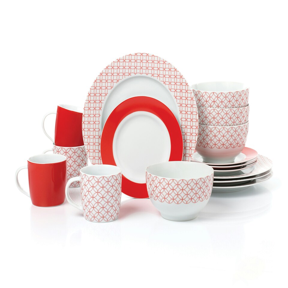 image 1 of 16pc Red & White Geo Dinner Set