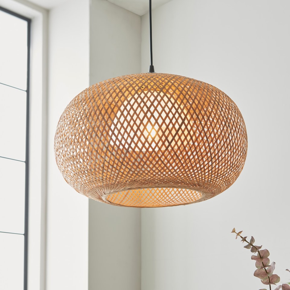image 1 of Bali Globe Pendant Ceiling Lamp, Natural Bamboo, White, Matt Black