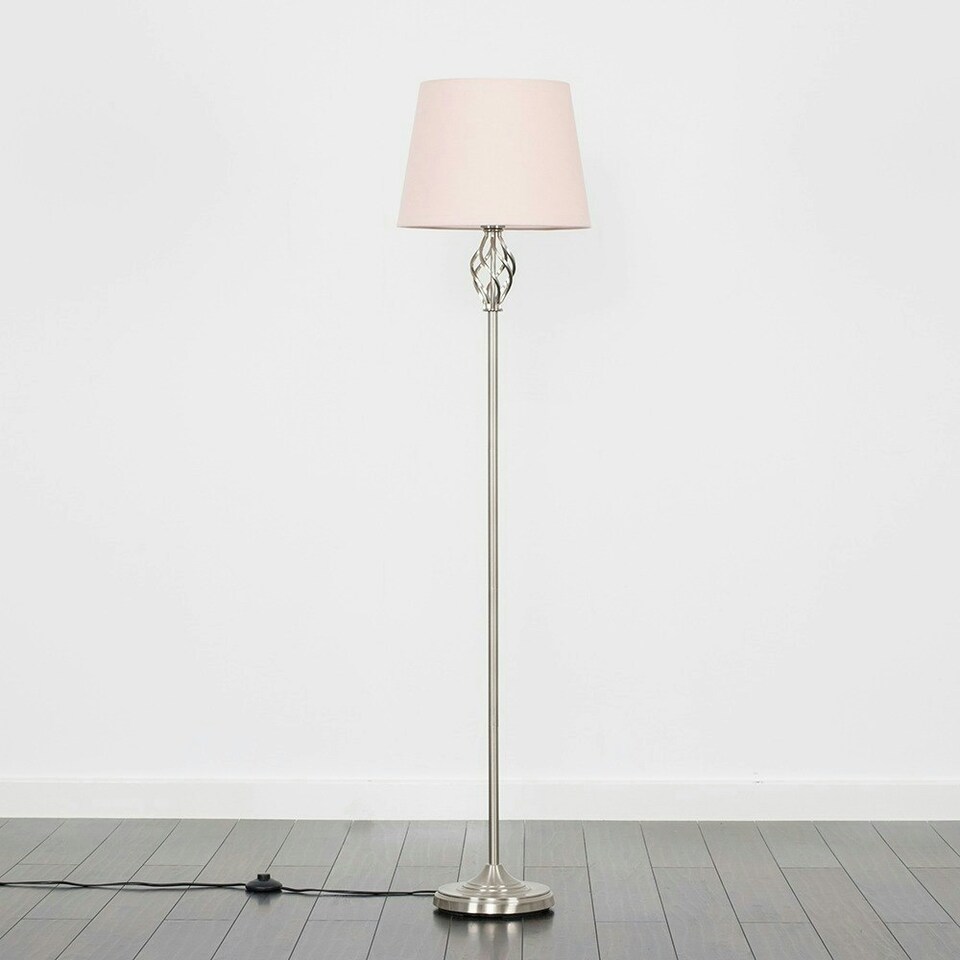 image 1 of ValueLights Traditional Style Satin Nickel Barley Twist Floor Lamp With Pink Light Shade