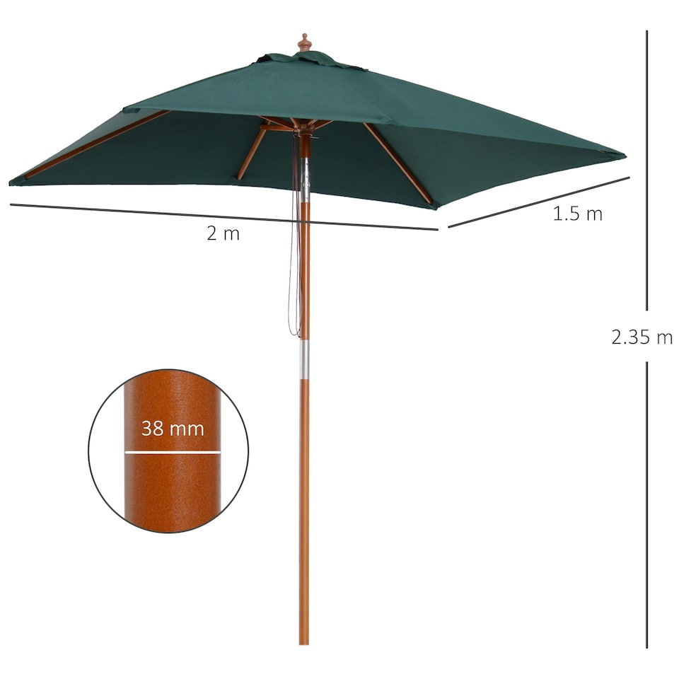 image 1 of Outsunny Wooden Patio Umbrella Parasol Outdoor Sunshade 6 Ribs Green