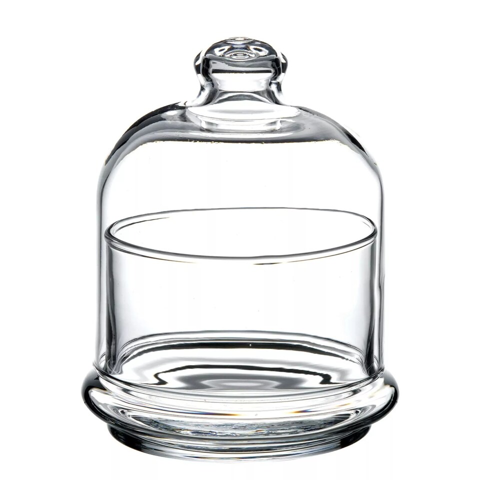 image 1 of Mini Glass Service Bowl Pastry Cookie Candy Dish Jar with Bell Dome Lid | Clear | Clear | 2 Dishes | 2