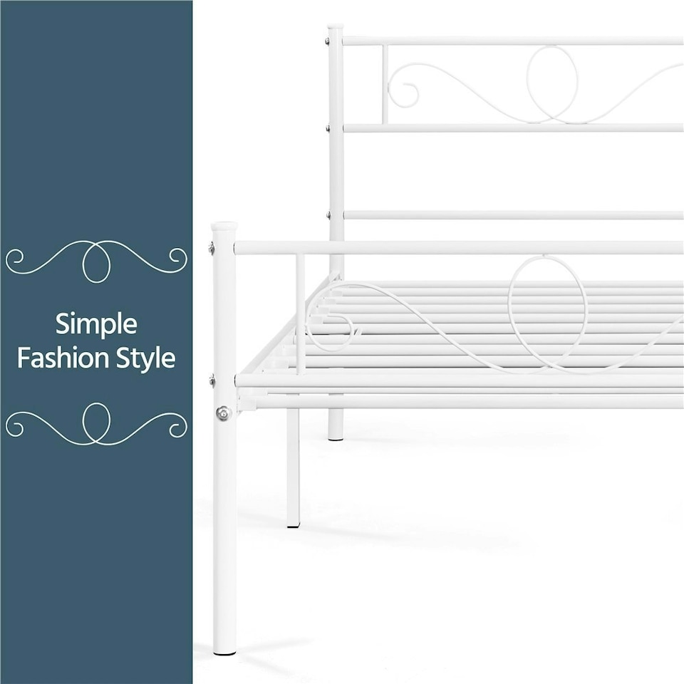 image 1 of Yaheetech 190 cm L × 90 cm W Metal Platform Bed with Scroll Design Headboard White