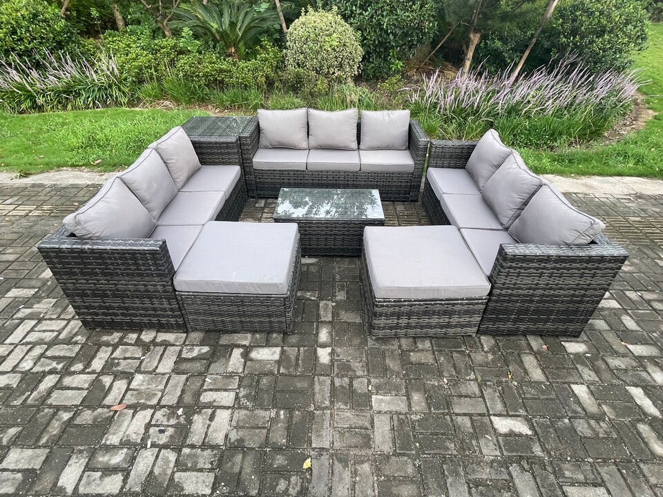 image 1 of Fimous Outdoor Lounge Sofa Set Wicker PE Rattan Garden Furniture Set with Oblong Coffee Table Side Table 2 Big Footstool 11Seater Dark Grey Mixed