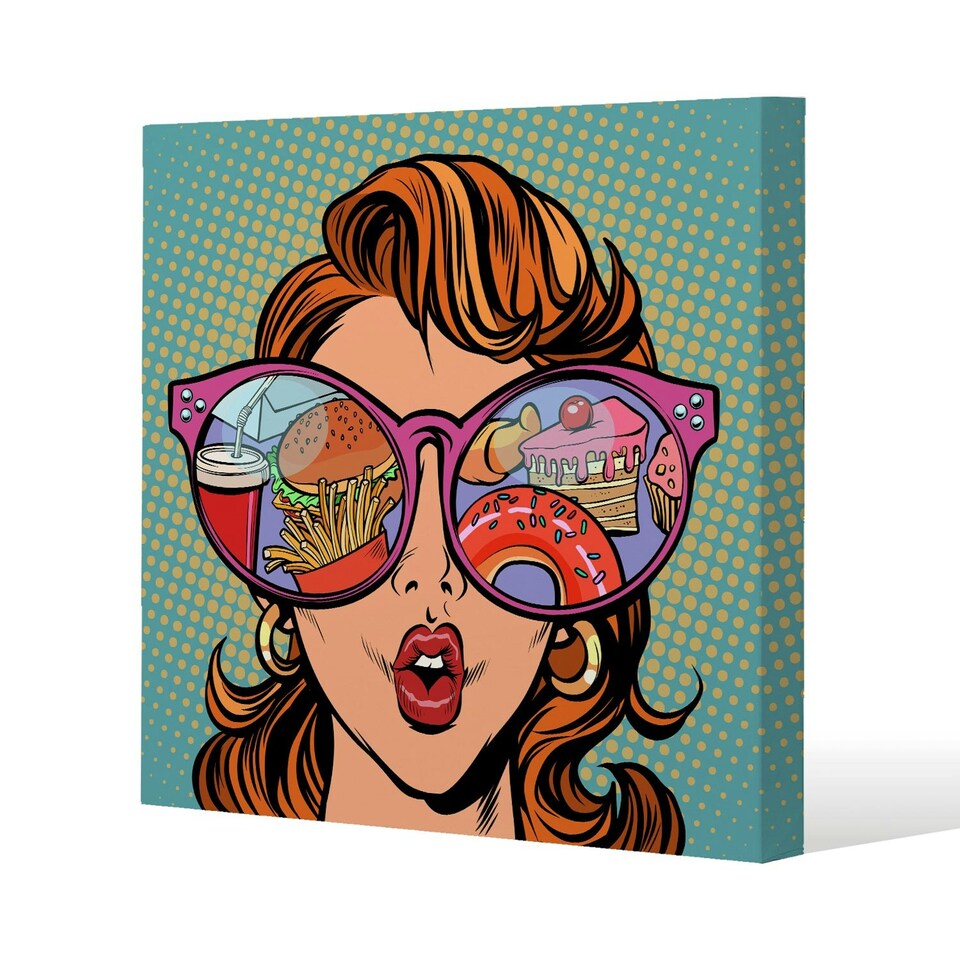 image 1 of Woman with sunglasses. Fast food and sweets in the reflection (Canvas Print) 101 x 101 x 4cm