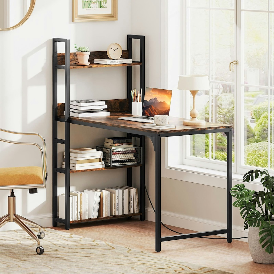 image 1 of COSTWAY Computer Desk Writing Desk with Power Strip Brown Brown
