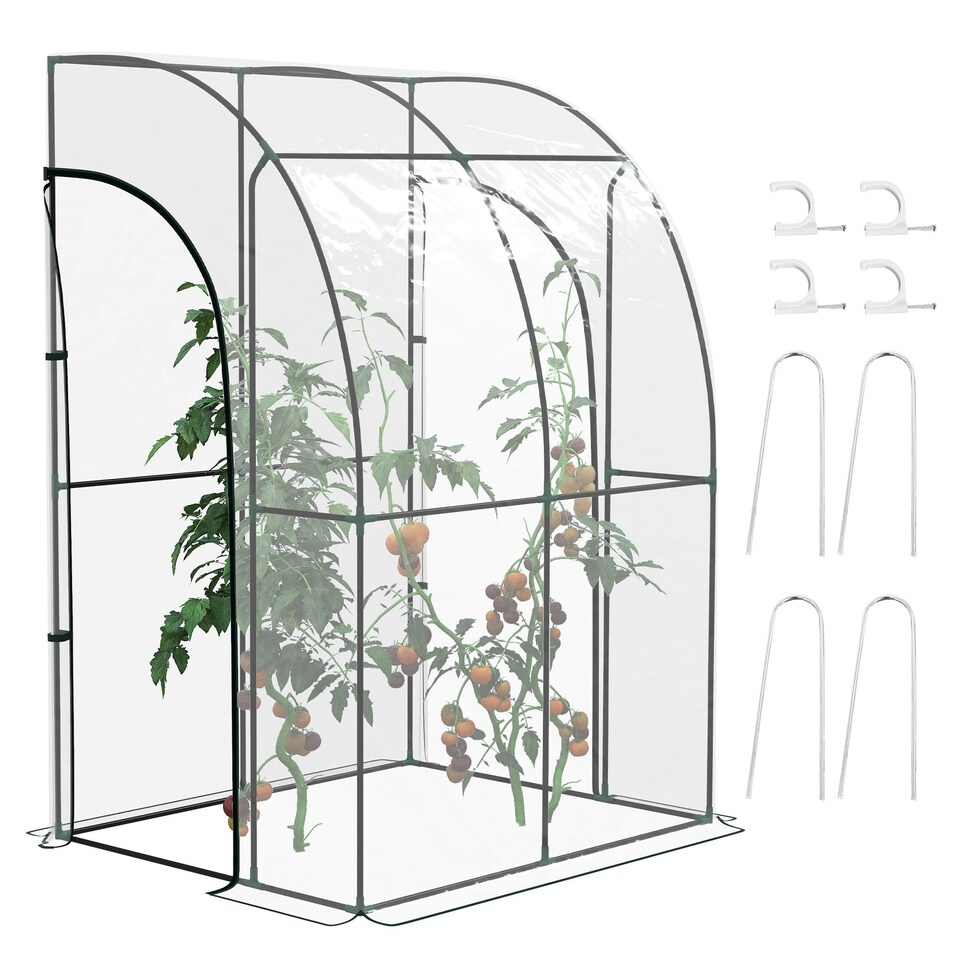 image 1 of Outsunny 143x118x212cm Walk-In Lean to Wall Tunnel Plastic Greenhouse with Doors