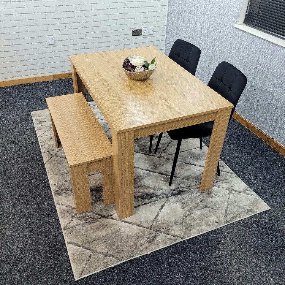 image 1 of Dining Table Set Oak Effect Table With 2 Grey Velvet Dining Chairs And 1 Bench | Grey | One Size | 4
