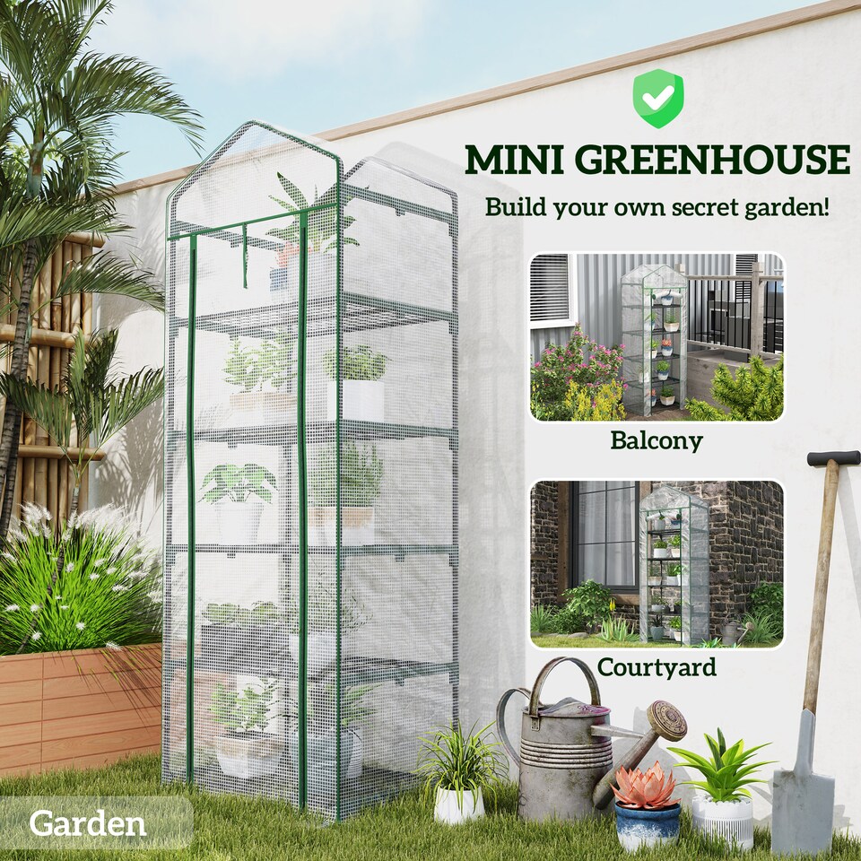 image 1 of Outsunny 5 Tier Mini Greenhouse Grow House w/ Roll Up Door, White/Green | Green | 1