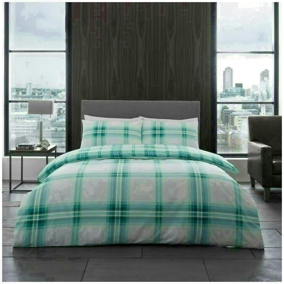 image 1 of VELVETIO Bardsley Check Printed Duvet Cover Set Reversible Polycotton Beddings Blue | Teal | King