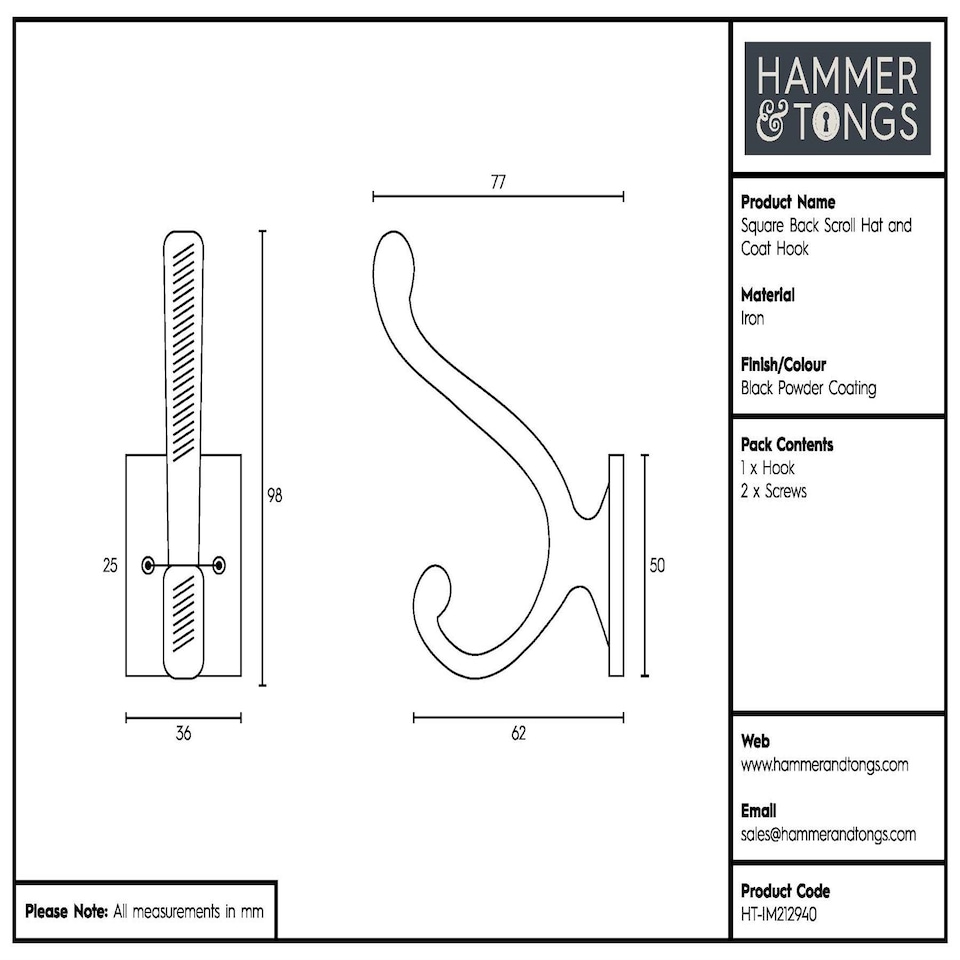 image 1 of Hammer & Tongs Square Back Scroll Hat & Coat Hook - W35mm x H100mm - Black