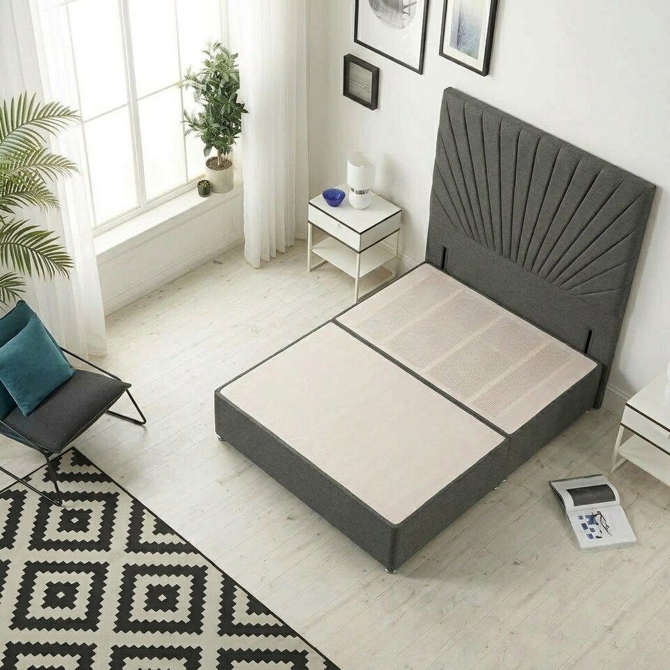 image 1 of Sunburst Divan Bed with 54'' Floor Standing Headboard Tweed Fabric | Grey | Charcoal
