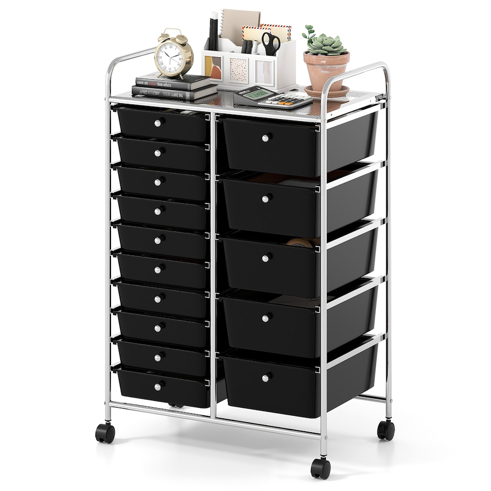 image 1 of COSTWAY 15 Drawer Rolling Storage Cart with Lockable Wheels Black