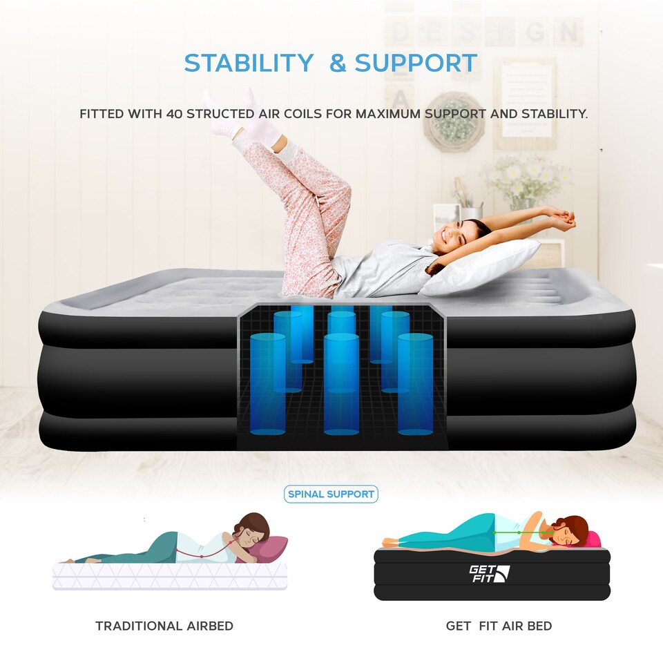 image 1 of Get Fit Air Bed With Built In Electric Pump - Premium King Size - Blow Up Bed With 2 X Free Pillows - Elevated Inflatable Air Mattress | Black | Black / Grey | 1