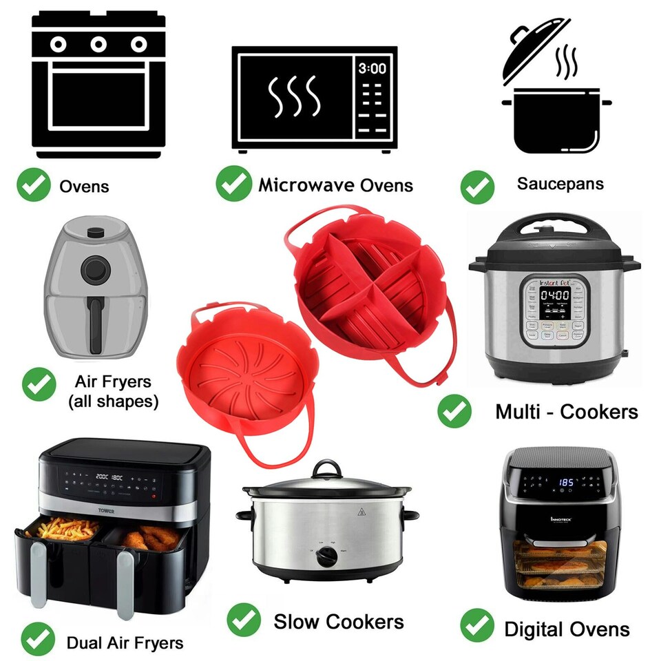 image 1 of SPARES2GO Air Fryer Basket Liner Silicone Round Tray Pot (Red, 4 Compartments)