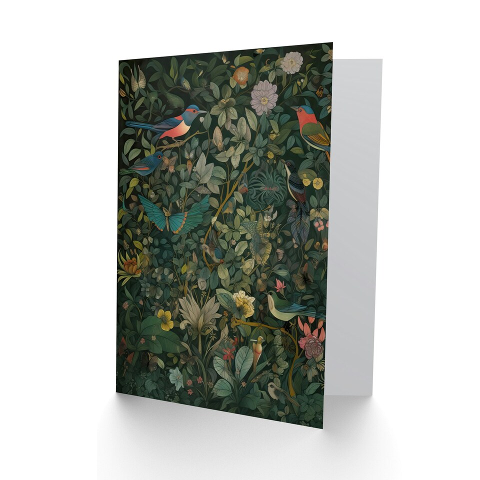 image 1 of Birds on Flowering Shrub Folk Art Spring Nature Greeting Card