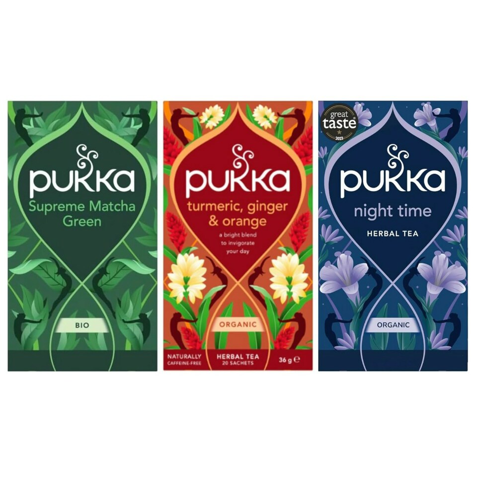 image 1 of Pukka Herbs Organic Herbal Tea, Morning to Night Bundle with Supreme Matcha Green, Turmeric Ginger & Orange, & Night Time, 3 Packs of 20 Teabags