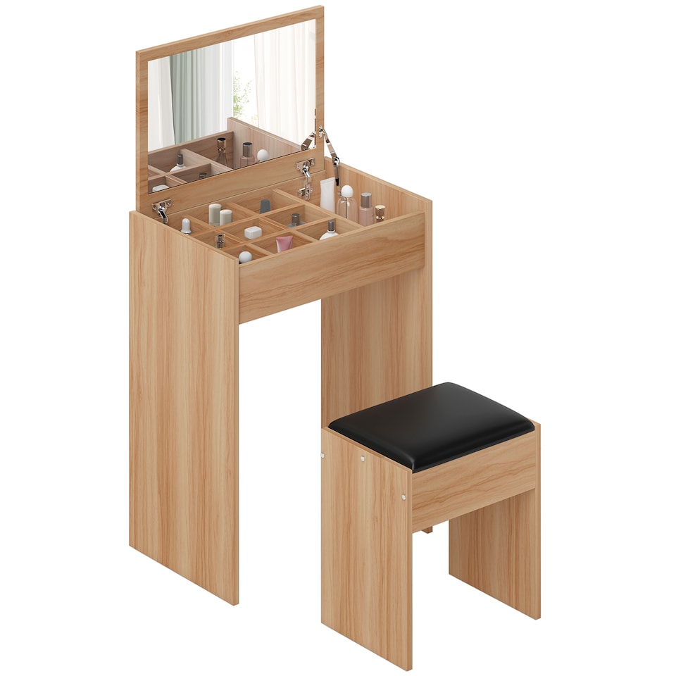 image 1 of HOMCOM Dressing Table with Mirror and Stool, Vanity Makeup Table with Flip Up Mirror, Vanity Desk with Storage Unit and Padded Seat, Wood