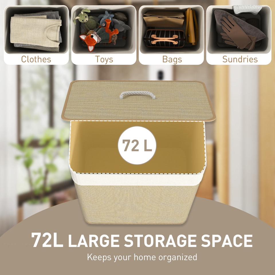 image 1 of HOMCOM Bamboo Laundry Basket with Lid, 72L Laundry Hamper with Rope Handles, Washing Basket with Removable Washable Liner Bag for Bathroom, Bedroom, Nature Wood Finish | Yellow | Cream