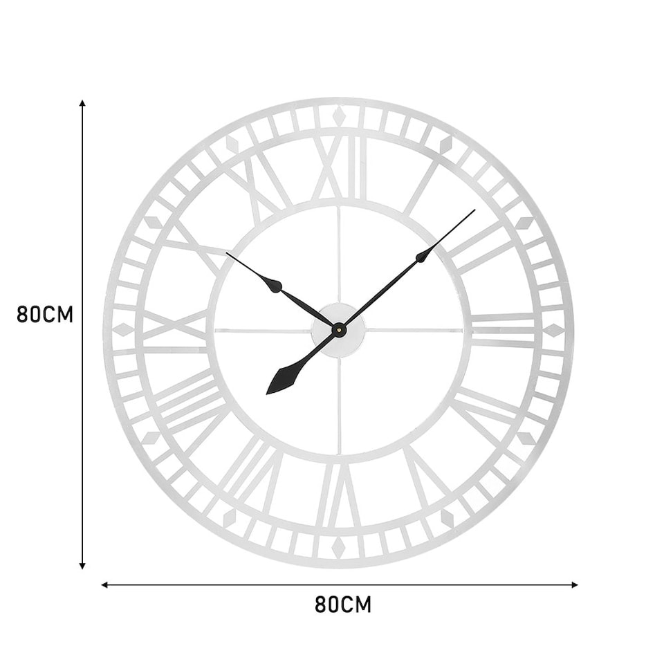 image 1 of Living and Home Large Modern Metal Wall Clock with Roman Numerals - Silver