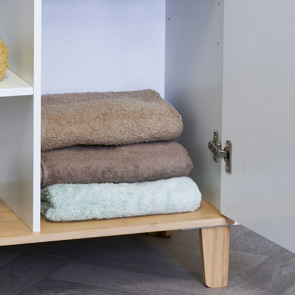 image 1 of Showerdrape Varallo Matt White & Bamboo Floor Bathroom Cabinet with Display Shelves