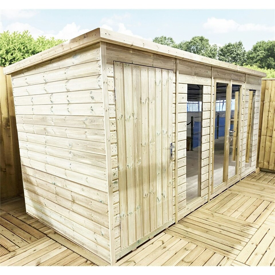 image 1 of 11 x 16 COMBI Pent Summerhouse + Side Shed Storage - Pressure Treated Tongue & Groove + Toughened Safety Glass (11' x16' / 11ft x 16ft) (11x16)