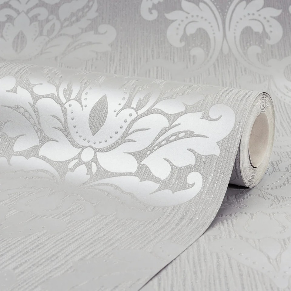 image 1 of Chelsea Glitter Damask Wallpaper in Soft Grey and Silver | Grey | Soft Grey And Silver | 53cm x 10m
