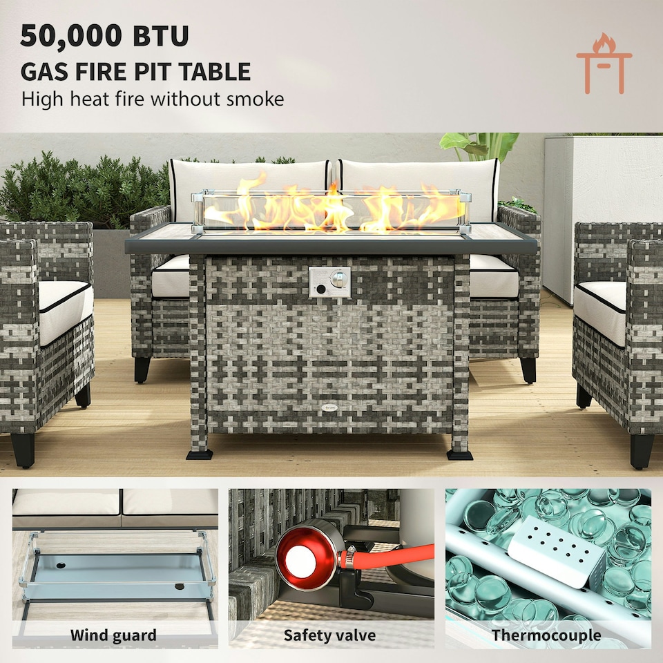 image 1 of Outsunny 5 PCs Rattan Garden Furniture Set with Gas Fire Pit Table, Brown