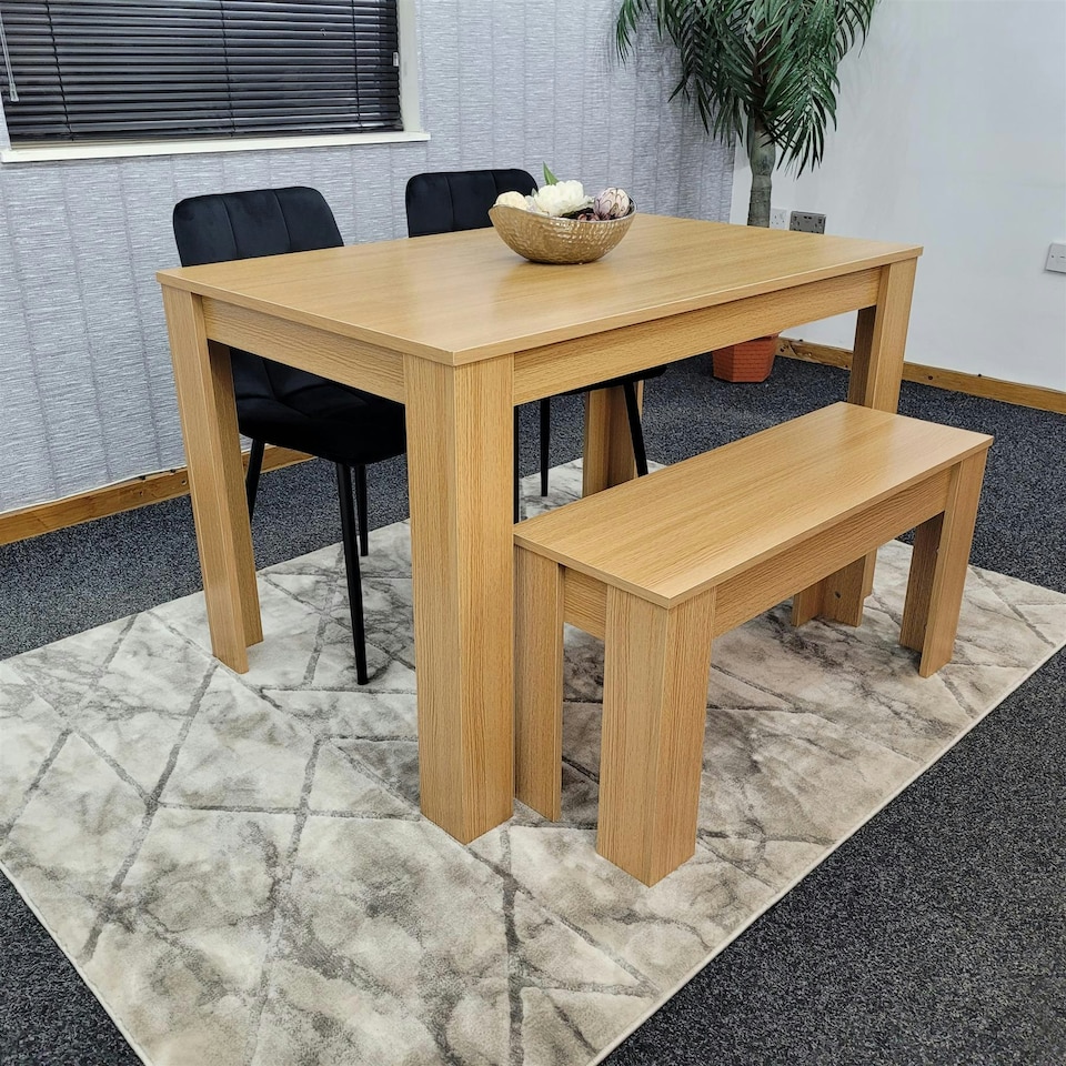 image 1 of Dining Table Set Oak Effect Table With 2 Grey Velvet Dining Chairs And 1 Bench | Grey | One Size | 4