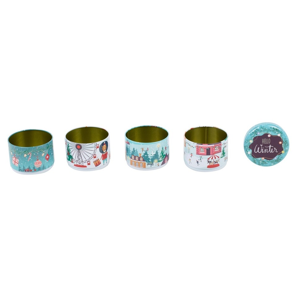 image 1 of Christmas Metal Storage Mini Tins Set Nesting Stacking Containers Festive Design | Multi | Teal