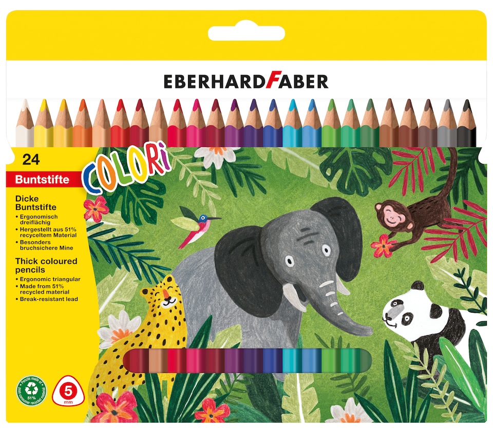 Eberhard Faber Colour Pencils Colori Jumbo Box Of 24, Thick Coloured Pencils, Waterproof, Wood-Free, 5mm Diameter Lead, Break-Resistant Lead, Stocking Fillers, Party Bag Fillers. Coloring Supplies