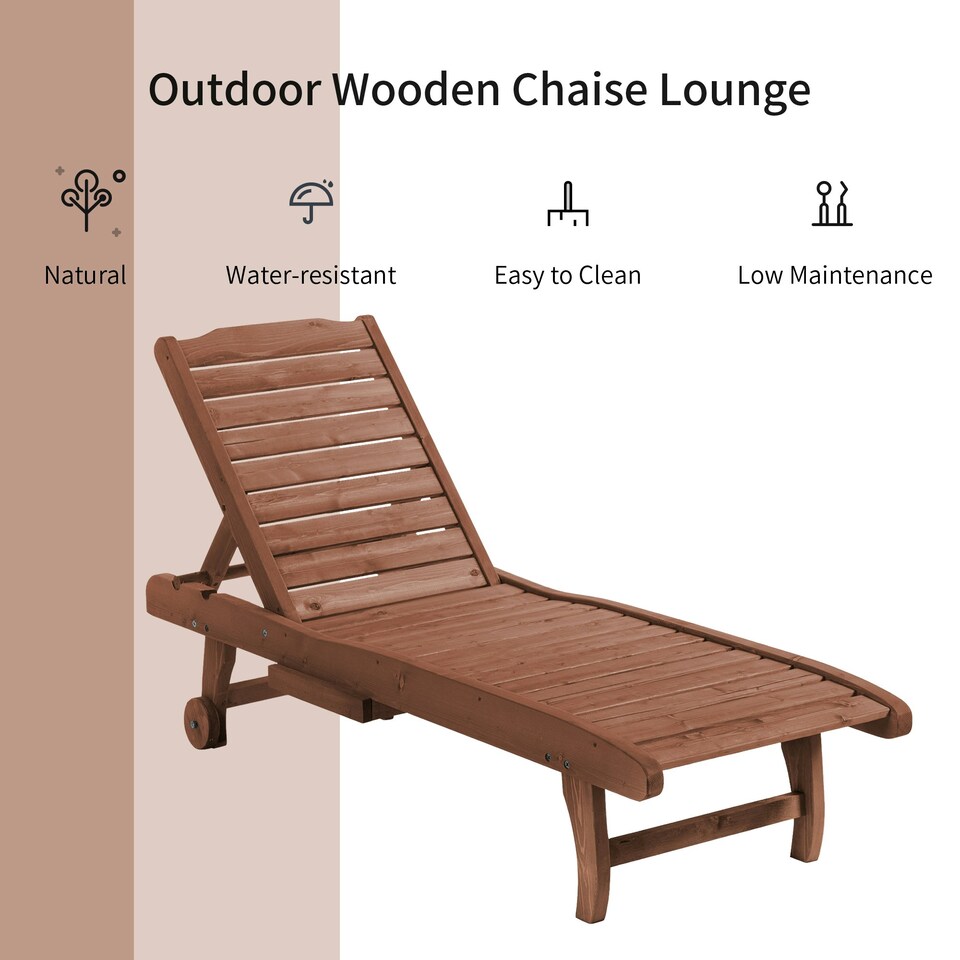 image 1 of Outsunny Wooden Sun Lounger Outdoor Patio Sun Bed w/ Pull-out Table