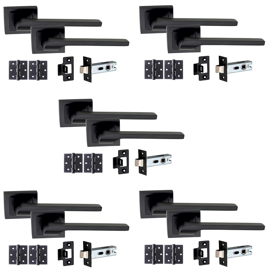 image 1 of Golden Grace 5 Sets Sigma Design Door Handles on Square Rose in Matt Black Finish with 64mm Latches and Pair of 3" Ball Bearing Hinges | Black | 5 Set