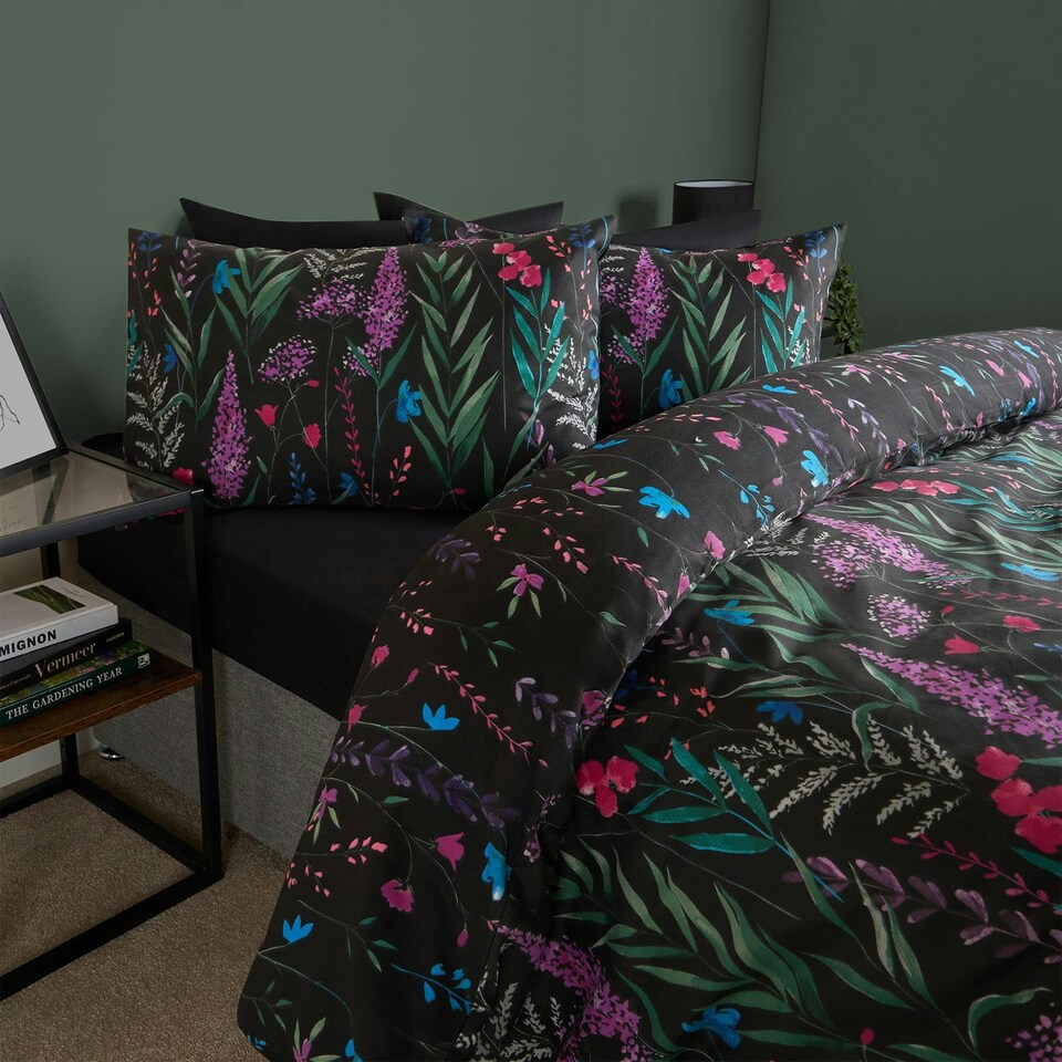 image 1 of OHS Botanical Floral Duvet Cover and Pillowcase Bedding Set, Single - Black