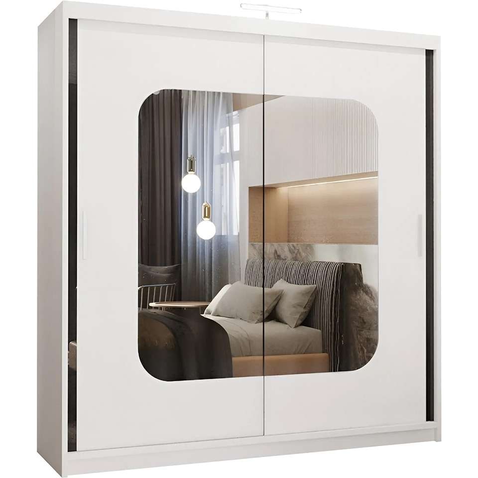 image 1 of Modern Mirror Sliding Wardrobe with Gloss Strips & Storage