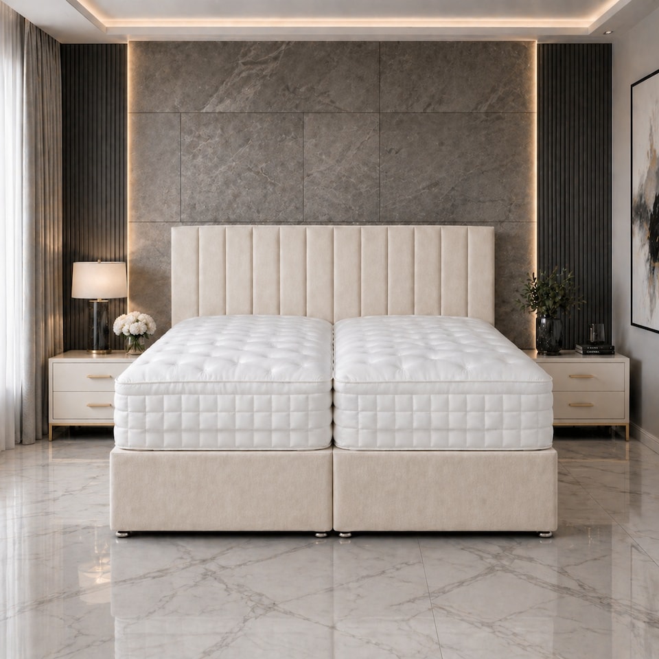 image 1 of 6ft Superking Zip Link 6x3 Length Cream Plush Divan Bed Full Set 4 Drawers