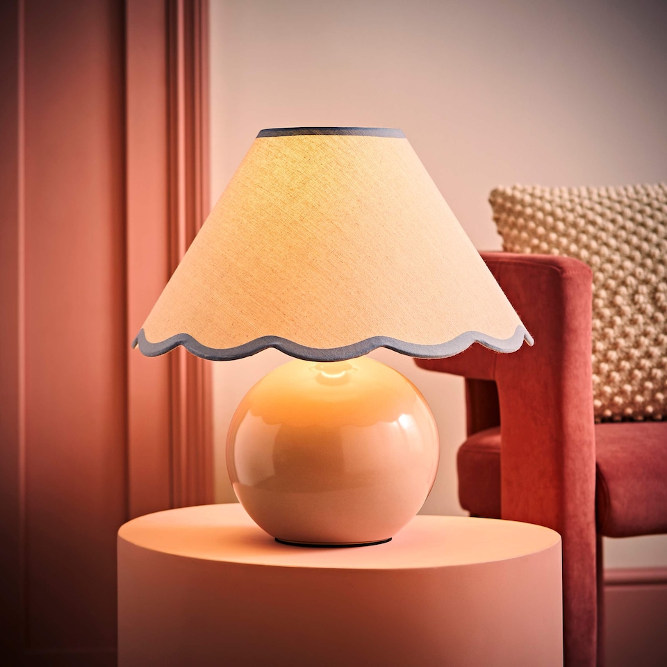image 1 of ValueLights Bosco Natural Stone Globe Ceramic Table Lamp with Linen Blue Trim Scallop Lamp Shade
