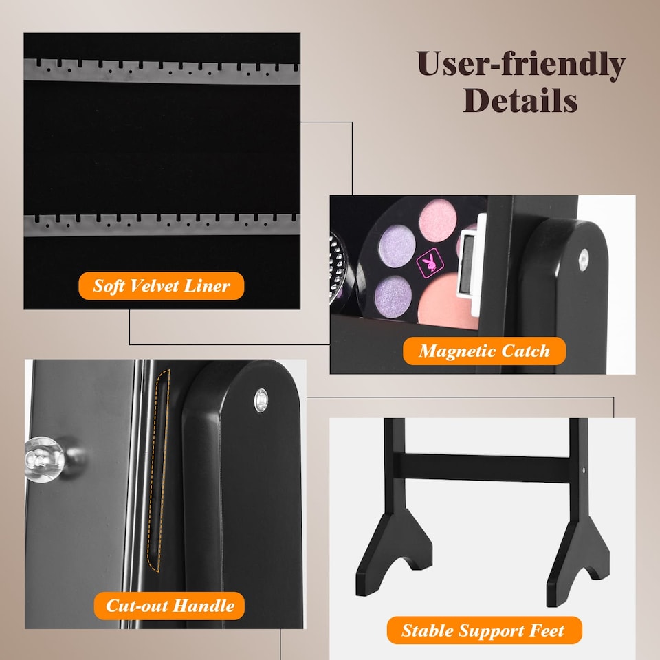 image 1 of COSTWAY 18 LEDs Jewelry Cabinet Floor Standing Jewelry Storage Organizer Black