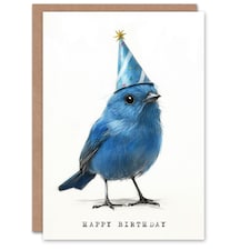 Cute Blue Bird With a Party Hat Painting Birthday Card