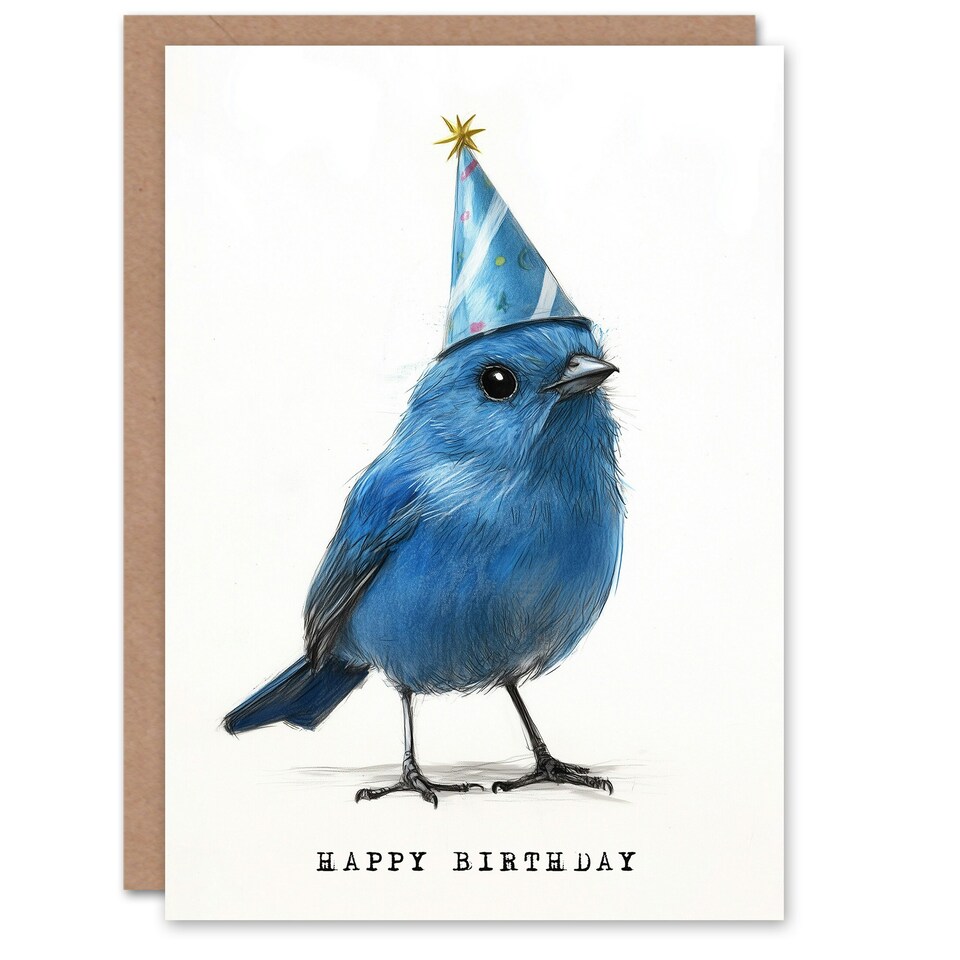 image 1 of Cute Blue Bird With a Party Hat Painting Birthday Card