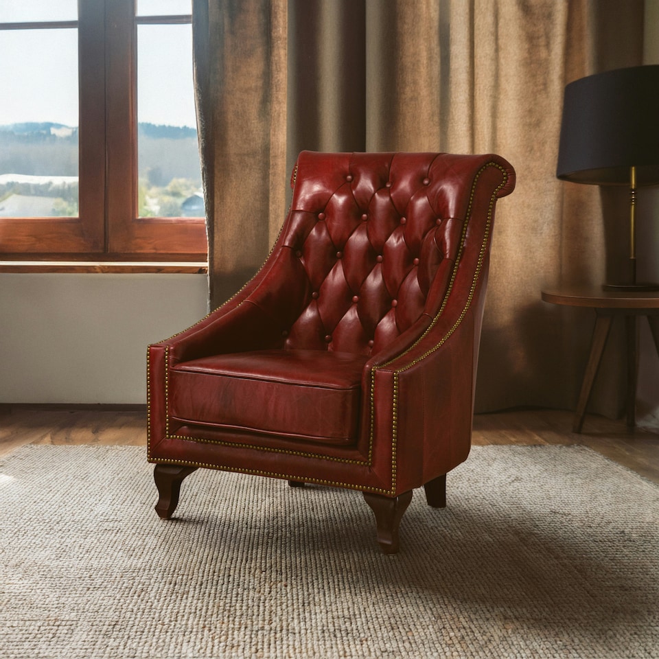 image 1 of Red Leather Studded Armchair,Stately Lounge Chair With Quilted Backrest,Copper Studded Armrest Chair Red