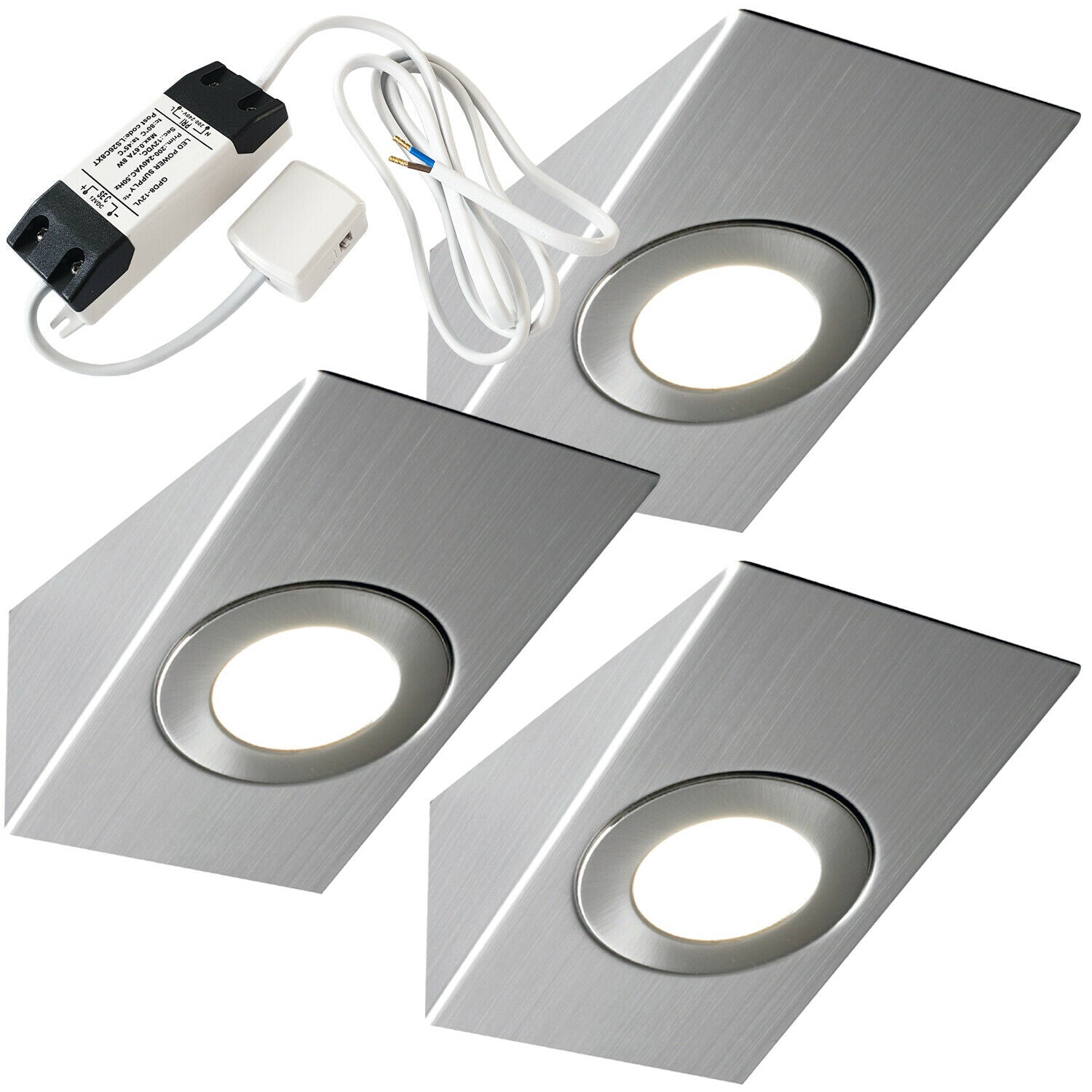 Loops 3x BRUSHED NICKEL Wedge Surface Under Cabinet Kitchen Light & Driver Kit - Warm White LED in Metallics