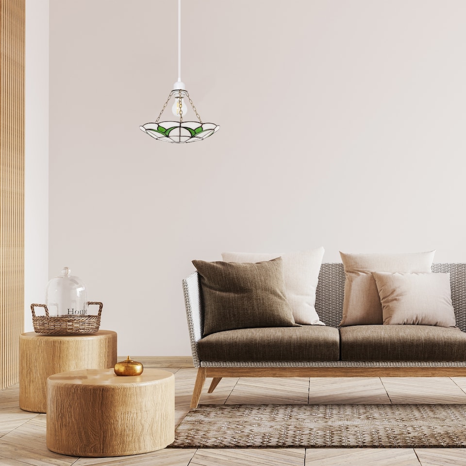 image 1 of Traditional Stained Glass Tiffany Pendant Light Shade with Emerald Green Leaves | Green