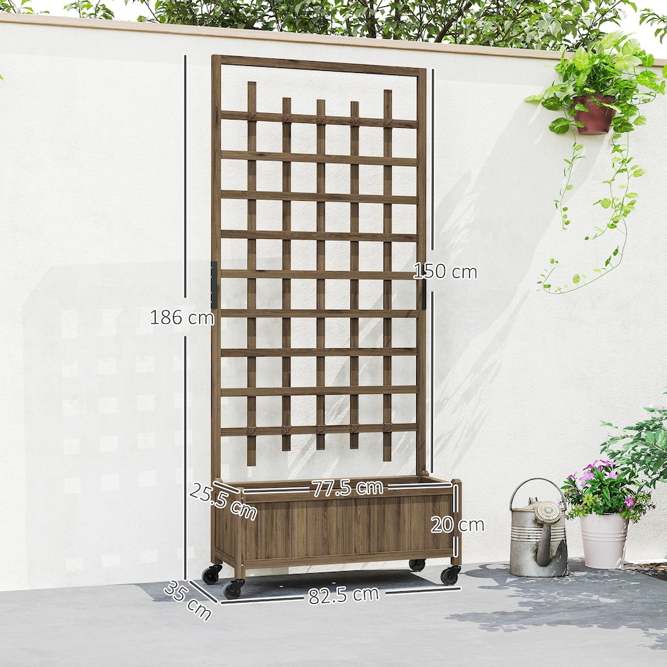 image 1 of Outsunny Wooden Trellis Planter, Raised Garden Bed with Wheels, Brown | Brown | Brown