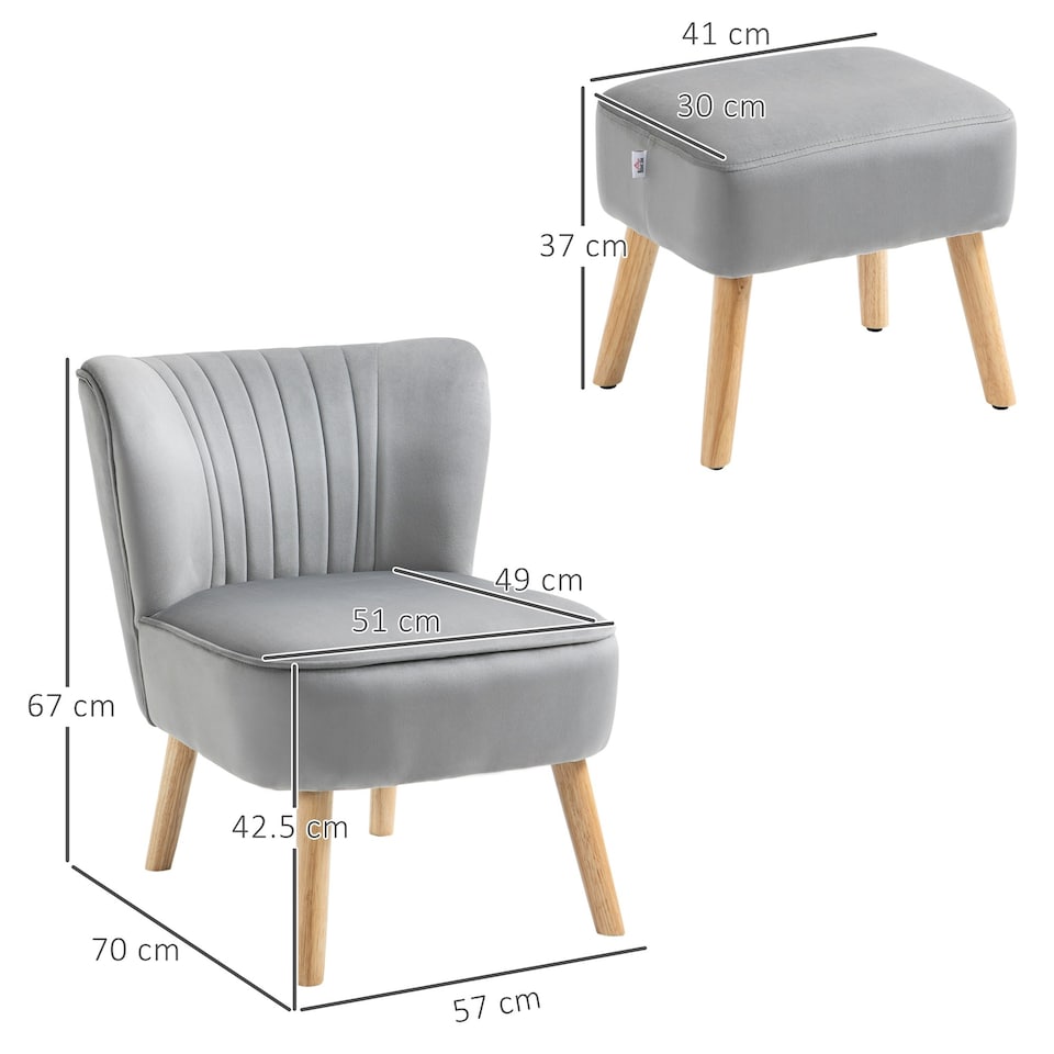 image 1 of HOMCOM Velvet-Feel Accent Chair w/ Ottoman Tub Seat Padding Wood Legs Light Grey