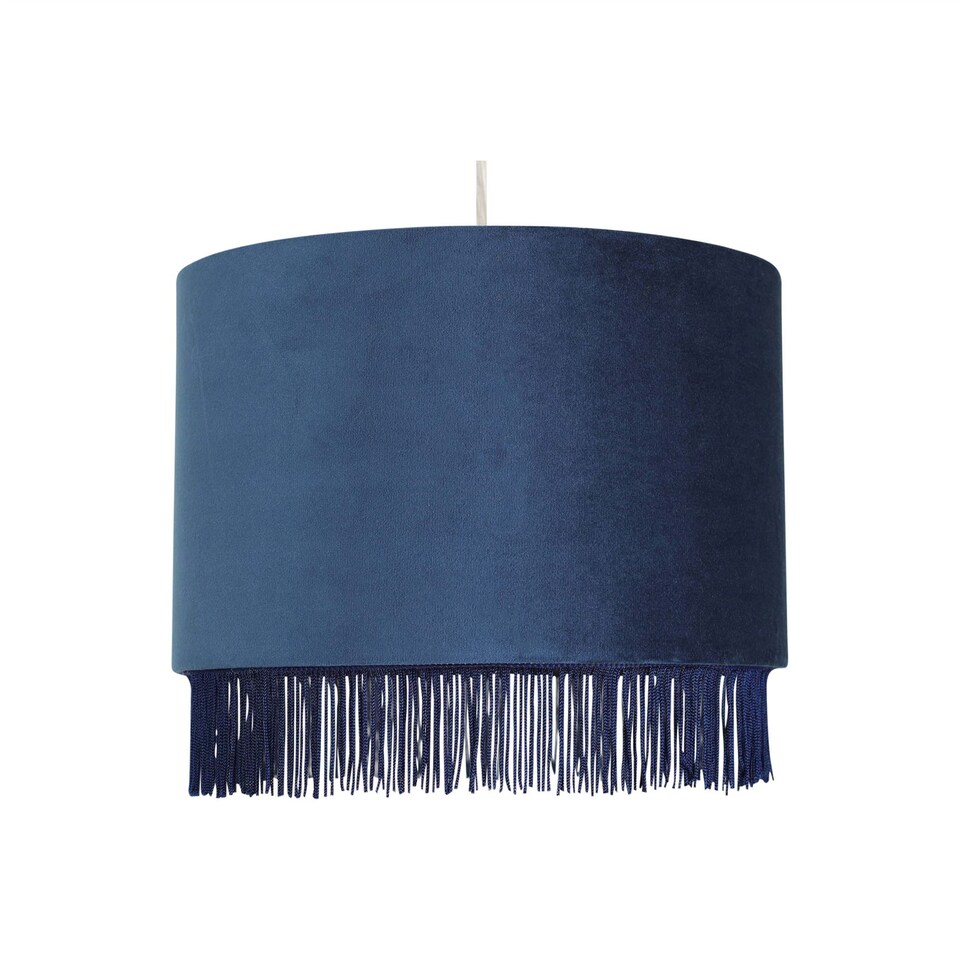 image 1 of Fringed - Navy Blue 23cm Fringed Velvet Pendant Shade | Blue | Medium | 1