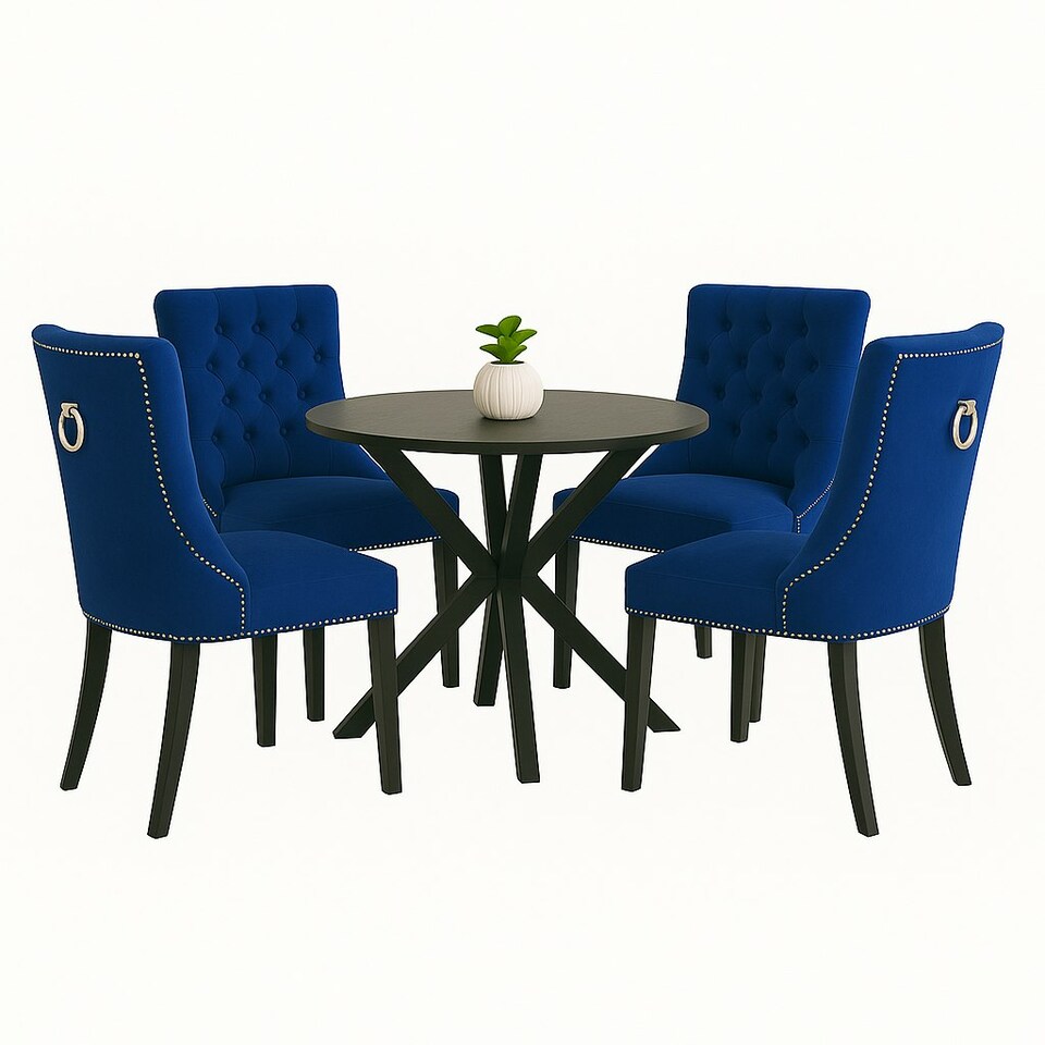 image 1 of Blue Set of Four Studded Velvet Dining Chair with Ring Knocker Detail Blue